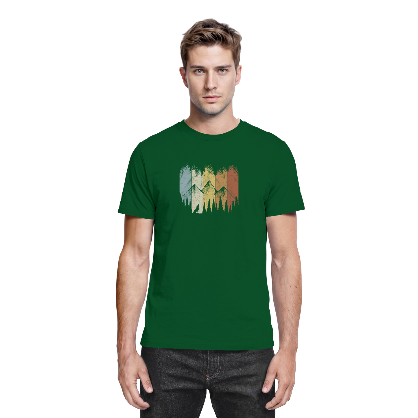 Retro Wald, Berge und Wolf  - Premium Shirt