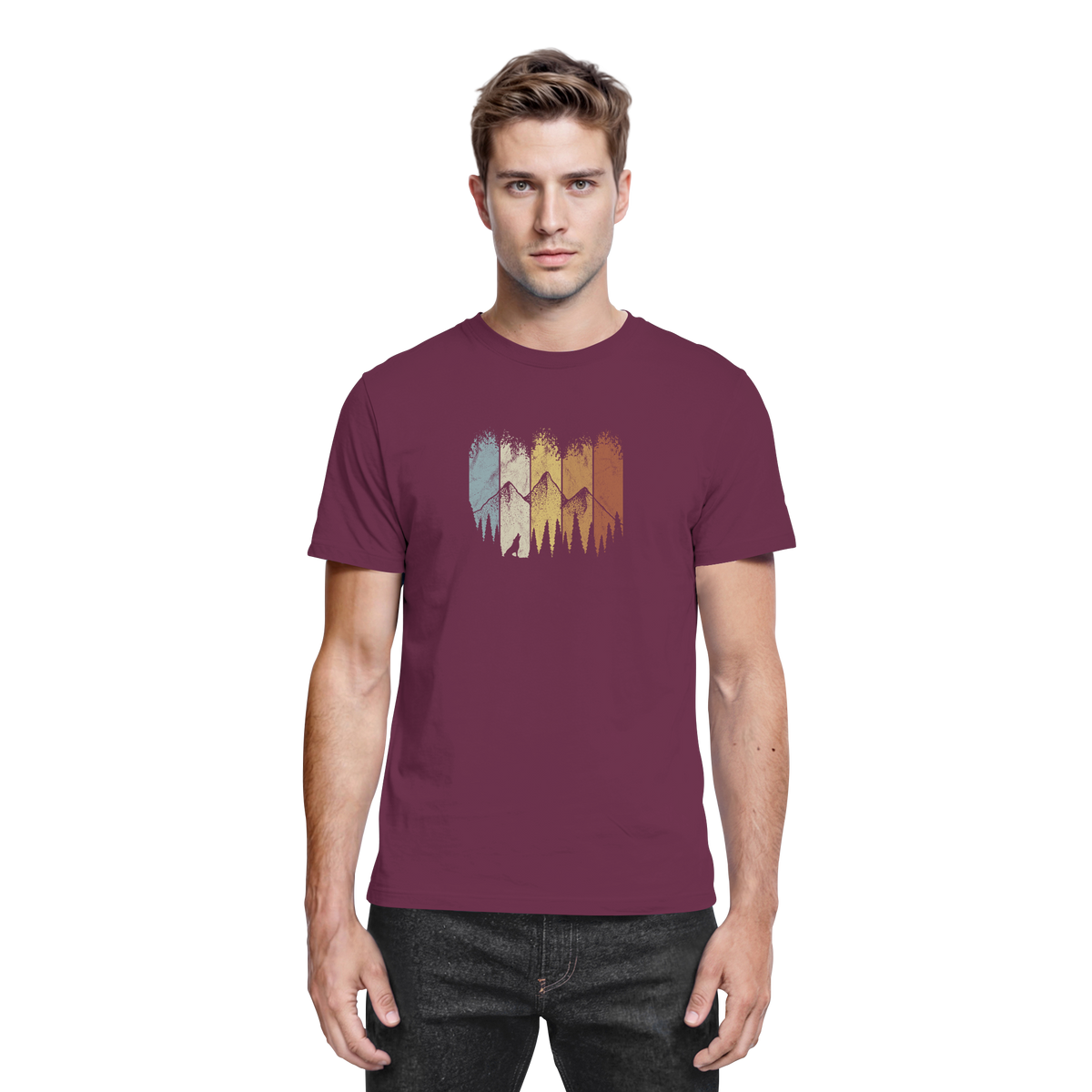 Retro Wald, Berge und Wolf  - Premium Shirt