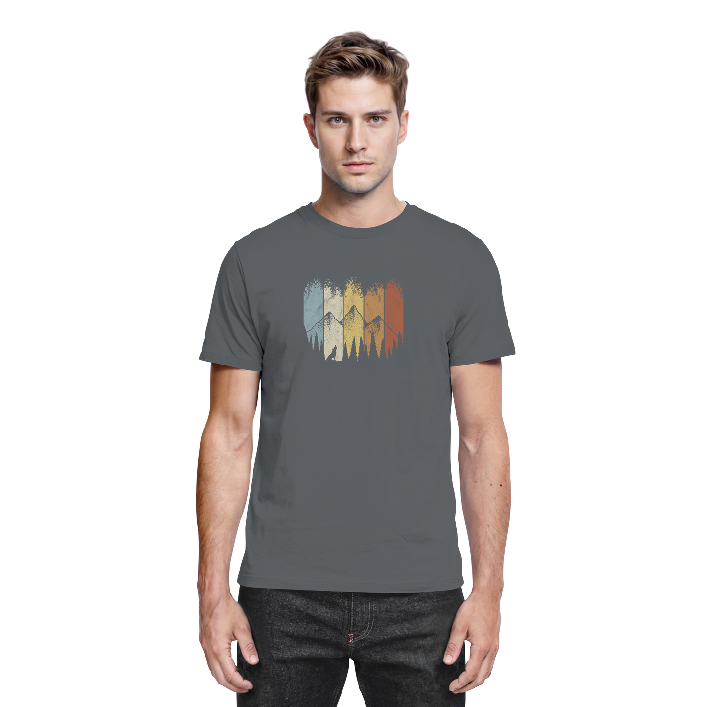 Retro Wald, Berge und Wolf  - Premium Shirt