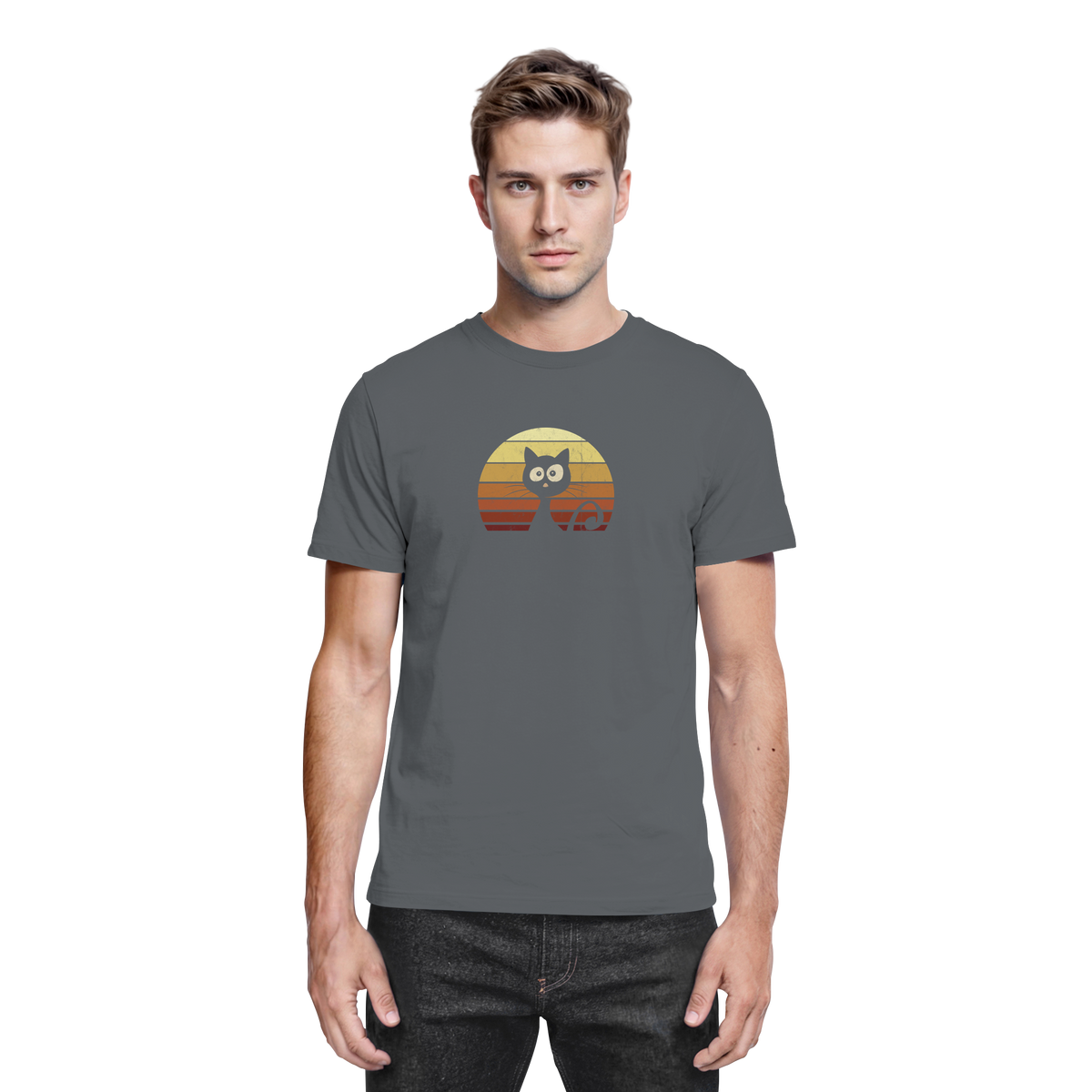 Katze vor Retro Sonnenuntergang - Premium Shirt