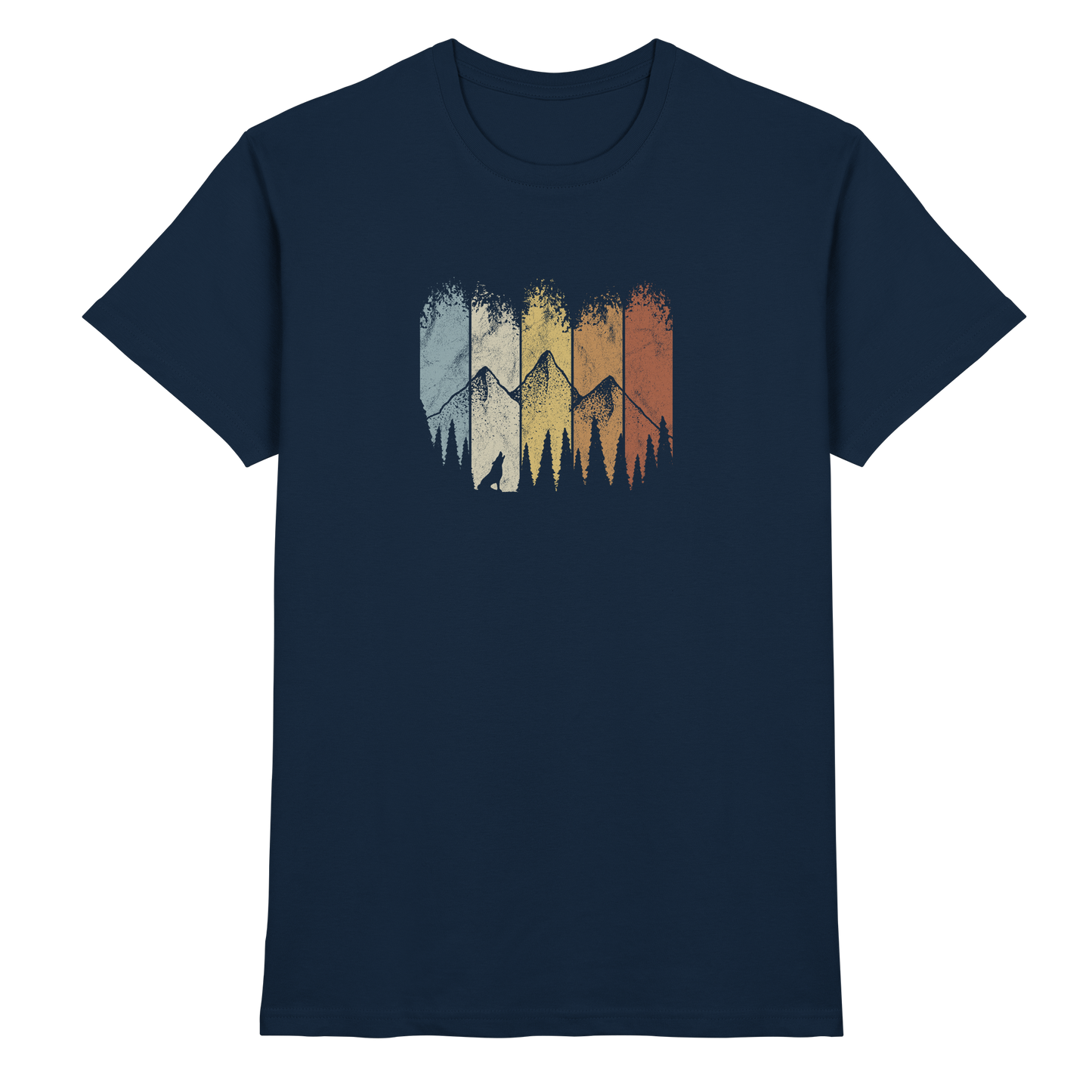 Retro Wald, Berge und Wolf  - Premium Shirt