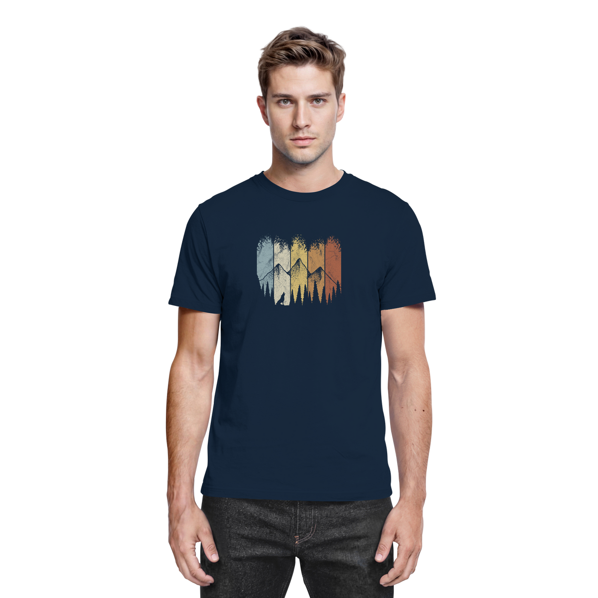 Retro Wald, Berge und Wolf  - Premium Shirt