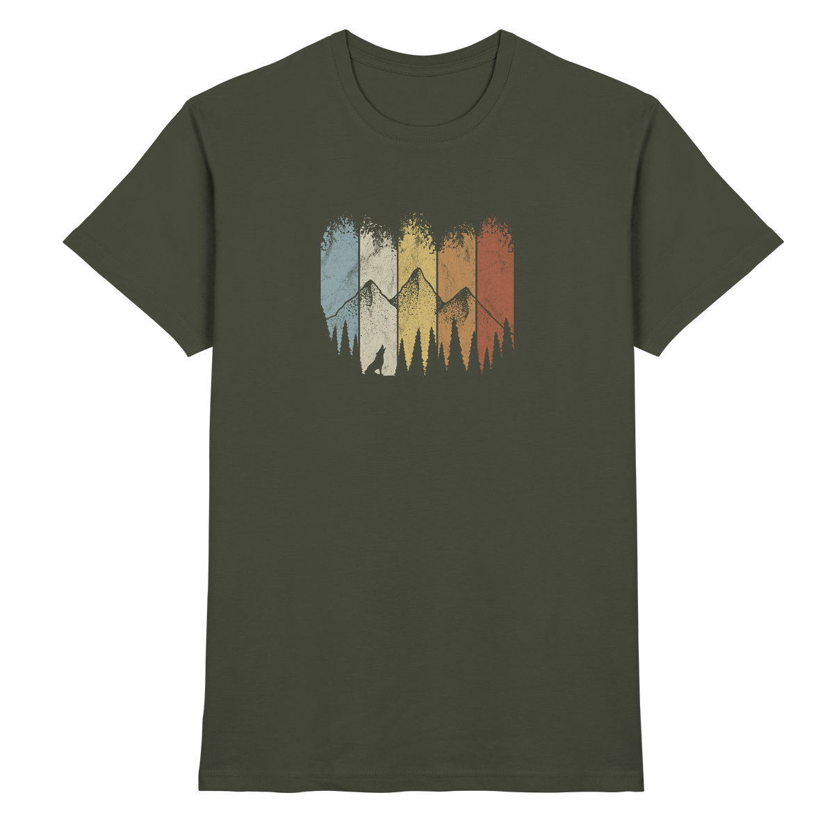 Retro Wald, Berge und Wolf  - Premium Shirt