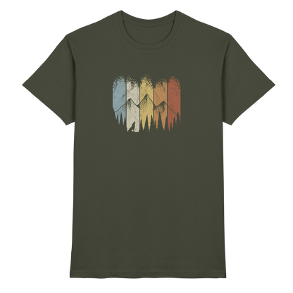 Retro Wald, Berge und Wolf  - Premium Shirt