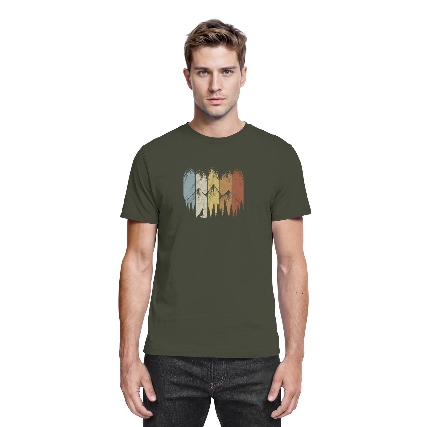 Retro Wald, Berge und Wolf  - Premium Shirt