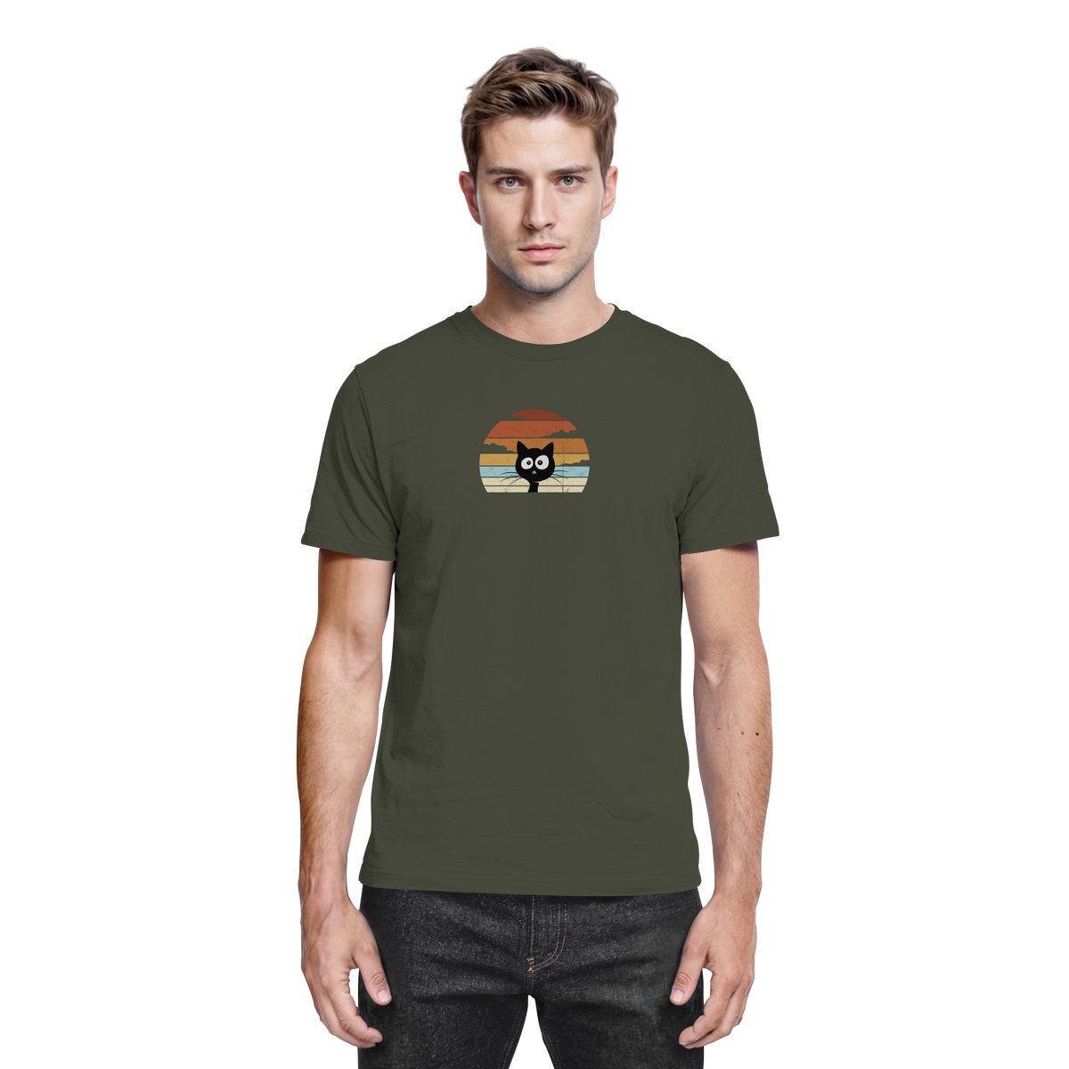 Retro schwarze Katze vor Sonnenuntergang - Premium Shirt