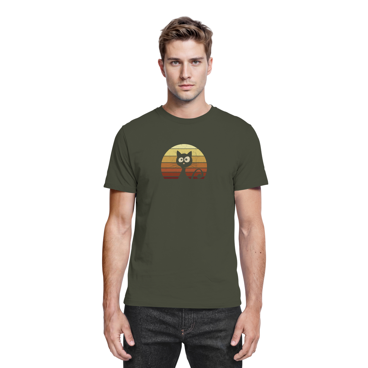 Katze vor Retro Sonnenuntergang - Premium Shirt