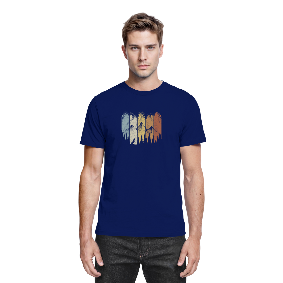 Retro Wald, Berge und Wolf  - Premium Shirt