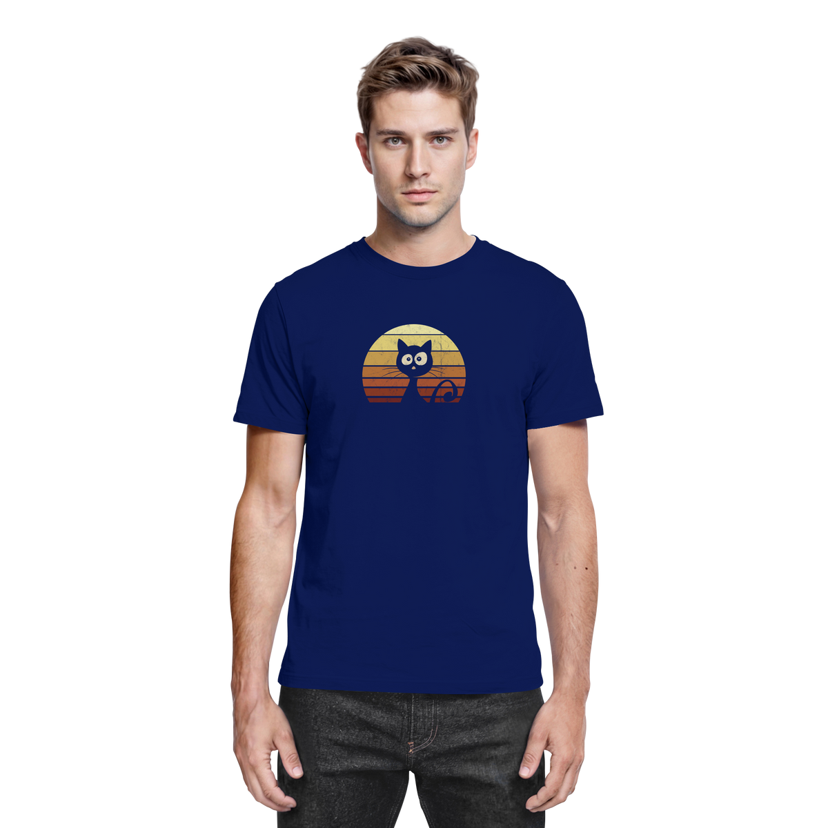Katze vor Retro Sonnenuntergang - Premium Shirt