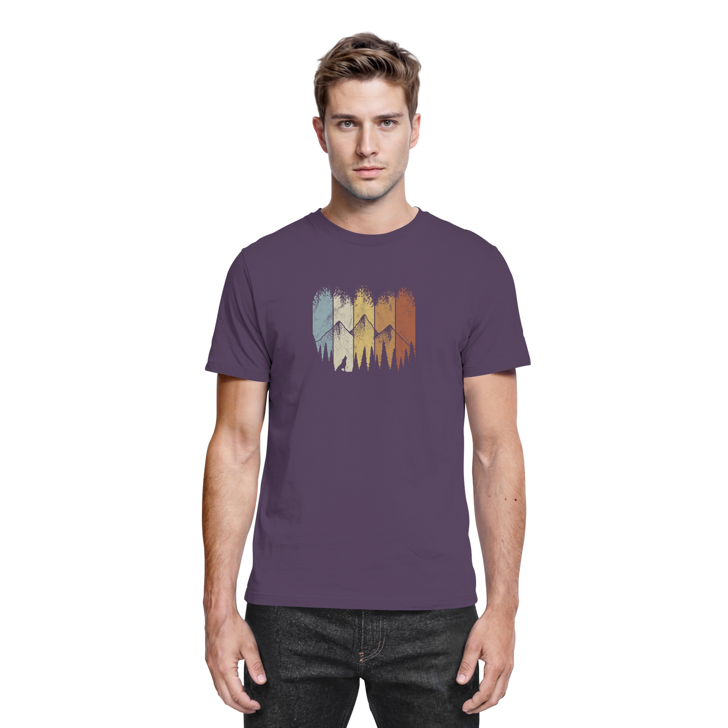 Retro Wald, Berge und Wolf  - Premium Shirt