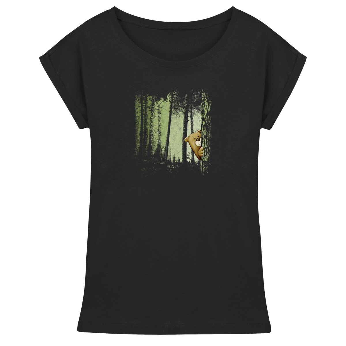 Comic Bär versteckt im Zwielicht Wald - Womens Extended Shoulder T-Shirt