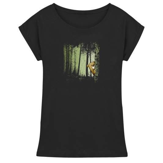 Comic Bär versteckt im Zwielicht Wald - Womens Extended Shoulder T-Shirt