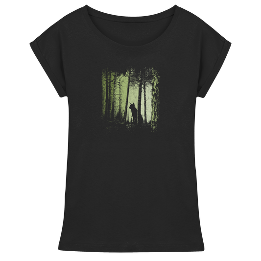 Luchs Wildkatze im Zwielicht Wald - Womens Extended Shoulder T-Shirt