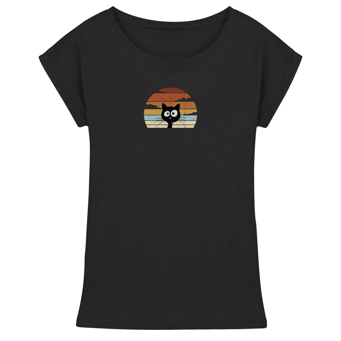 Retro schwarze Katze vor Sonnenuntergang - Womens Extended Shoulder T-Shirt