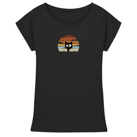 Retro schwarze Katze vor Sonnenuntergang - Womens Extended Shoulder T-Shirt