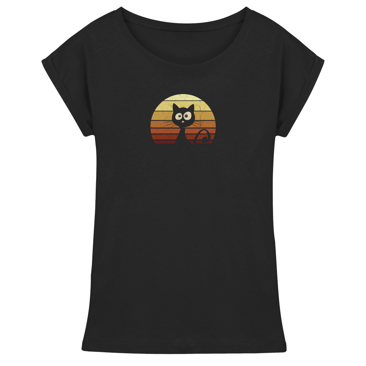 Katze vor Retro Sonnenuntergang - Womens Extended Shoulder T-Shirt