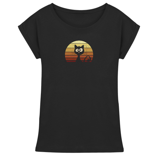 Katze vor Retro Sonnenuntergang - Womens Extended Shoulder T-Shirt