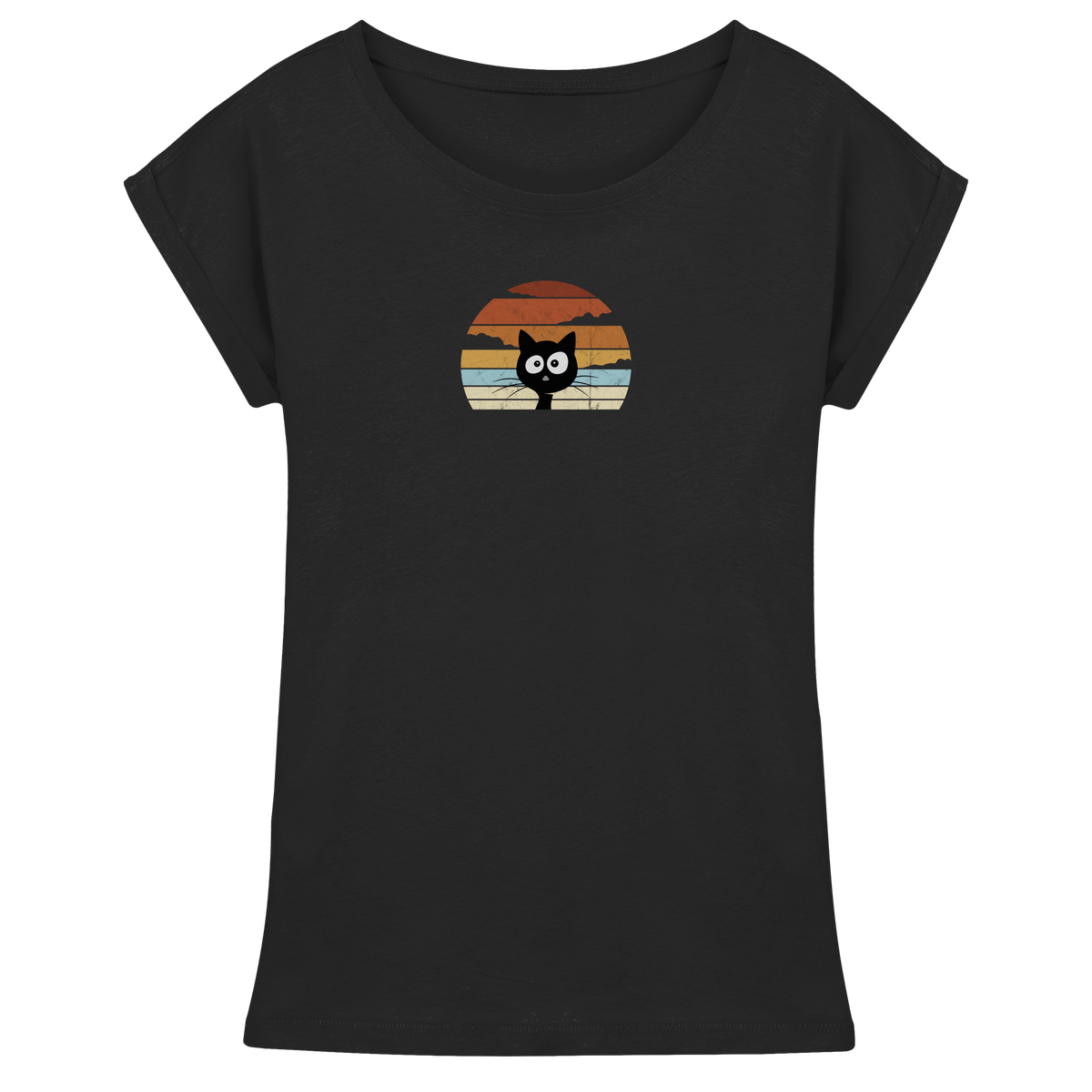 Retro schwarze Katze vor Sonnenuntergang - Womens Extended Shoulder T-Shirt