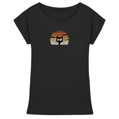 Retro schwarze Katze vor Sonnenuntergang - Womens Extended Shoulder T-Shirt