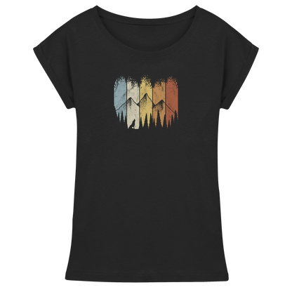 Retro Wald, Berge und Wolf  - Womens Extended Shoulder T-Shirt
