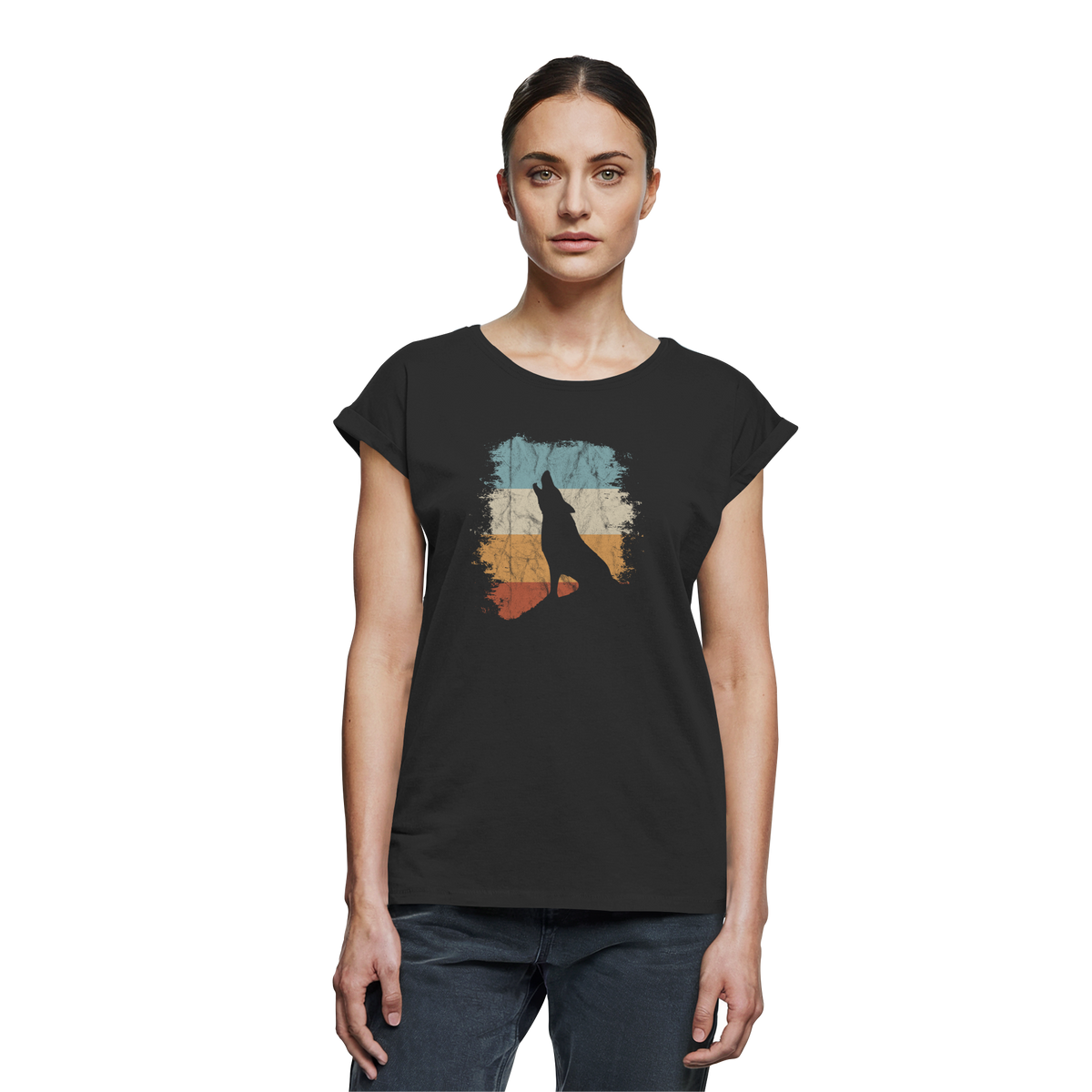 Retro Style lässig heulender Wolf  - Womens Extended Shoulder T-Shirt