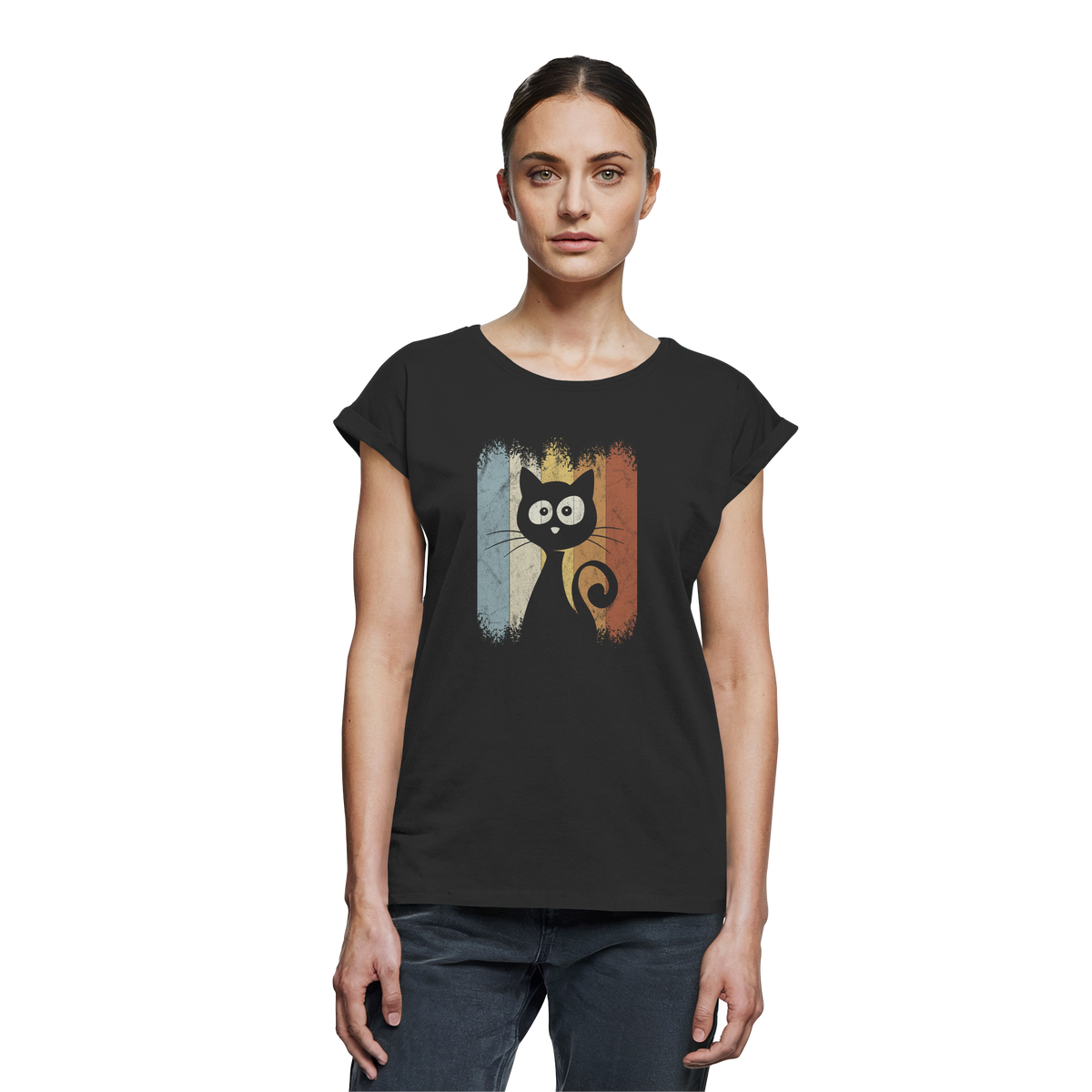 Retro Katze Silhouette - Womens Extended Shoulder T-Shirt