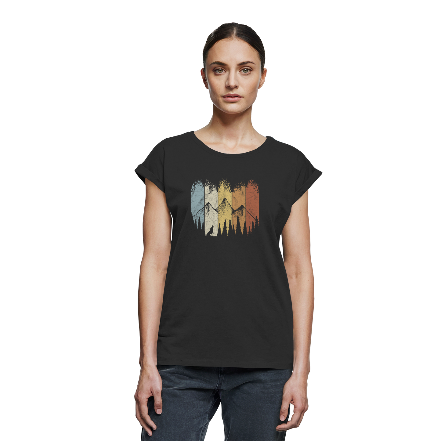 Retro Wald, Berge und Wolf  - Womens Extended Shoulder T-Shirt
