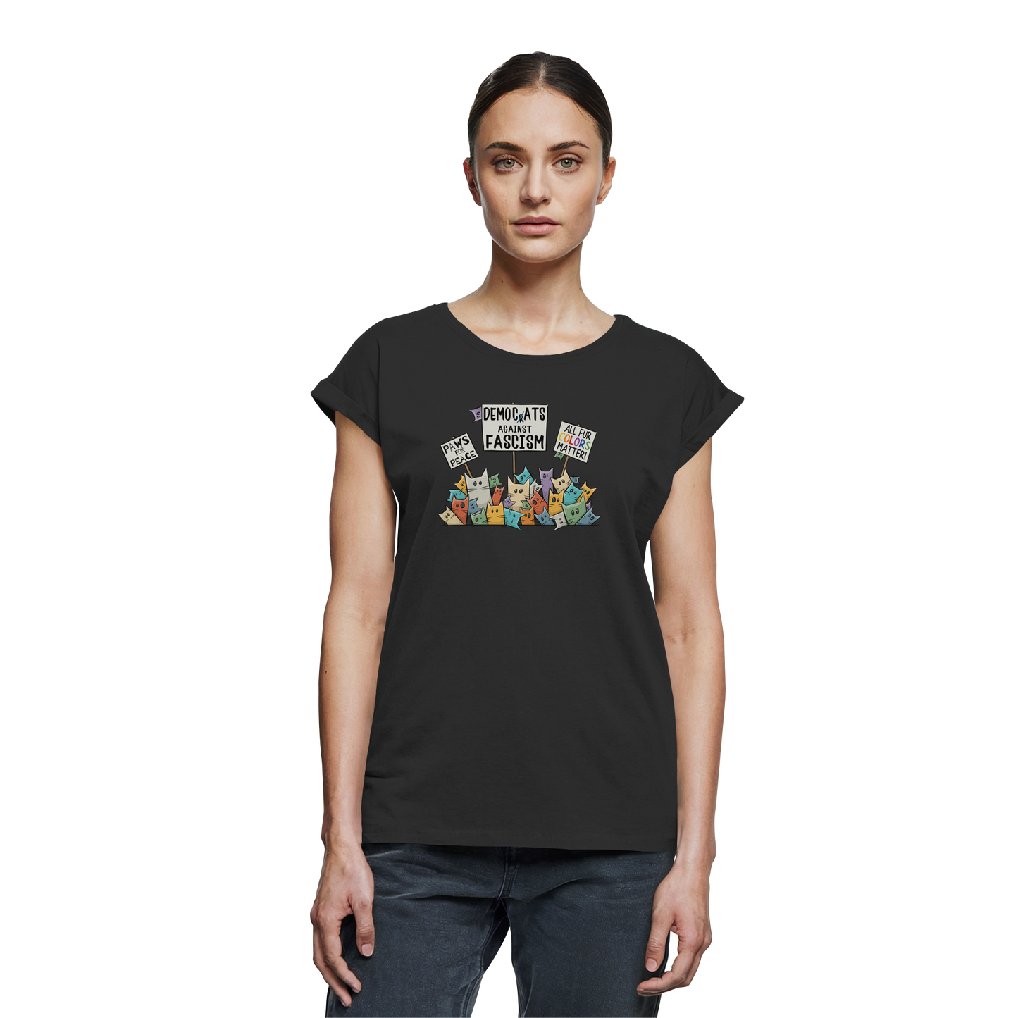 Demo-Katzen gegen Faschismus und für Vielfalt - Womens Extended Shoulder T-Shirt