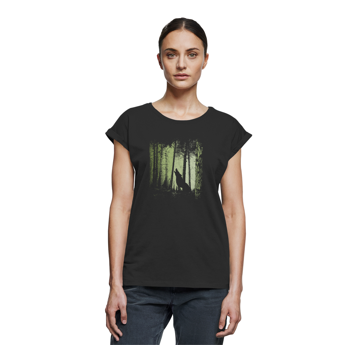 Einsamer Wolf im Zwielicht Wald  - Womens Extended Shoulder T-Shirt