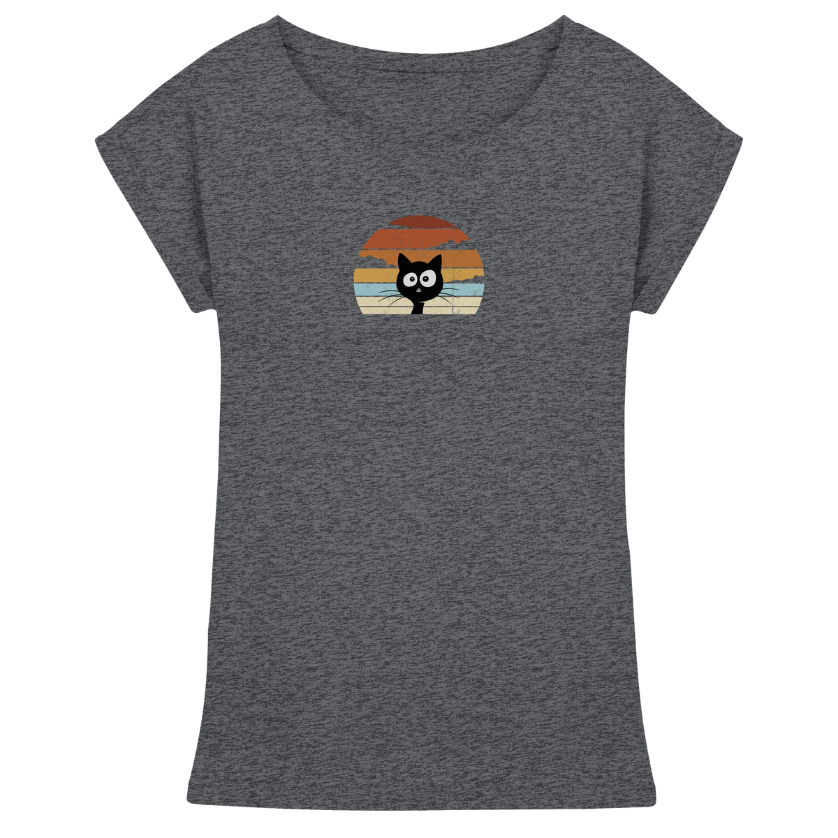 Retro schwarze Katze vor Sonnenuntergang - Womens Extended Shoulder T-Shirt