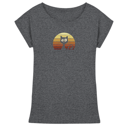 Katze vor Retro Sonnenuntergang - Womens Extended Shoulder T-Shirt