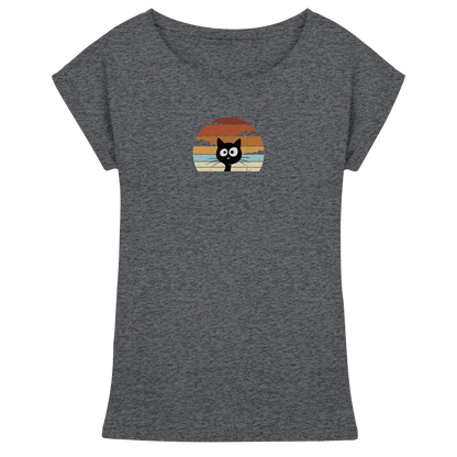 Retro schwarze Katze vor Sonnenuntergang - Womens Extended Shoulder T-Shirt