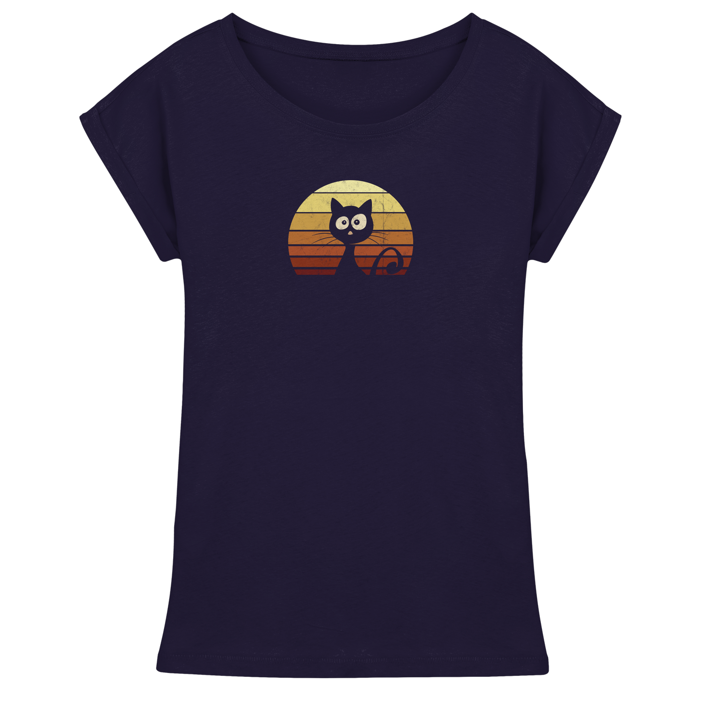 Katze vor Retro Sonnenuntergang - Womens Extended Shoulder T-Shirt