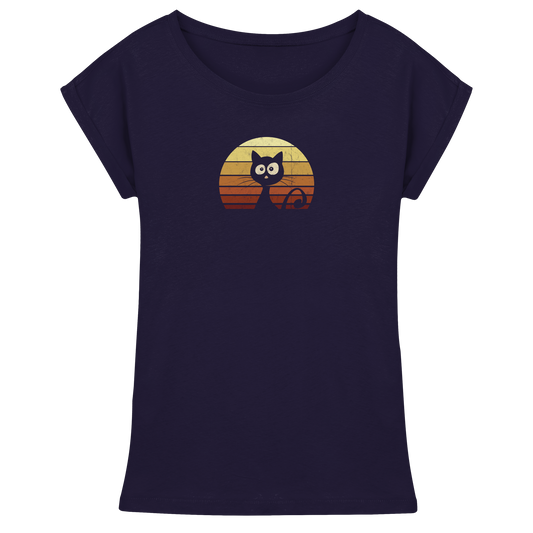 Katze vor Retro Sonnenuntergang - Womens Extended Shoulder T-Shirt