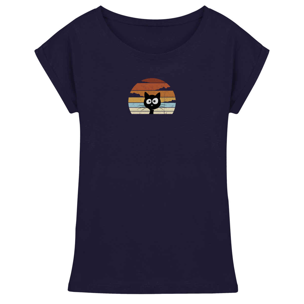 Retro schwarze Katze vor Sonnenuntergang - Womens Extended Shoulder T-Shirt