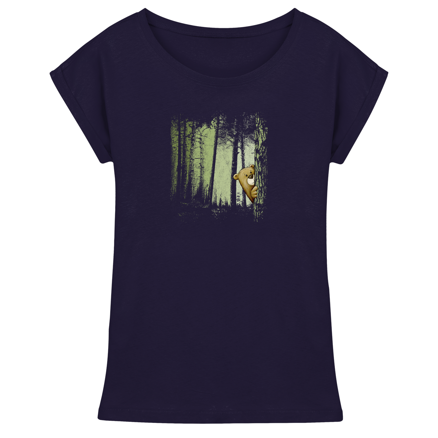 Comic Bär versteckt im Zwielicht Wald - Womens Extended Shoulder T-Shirt