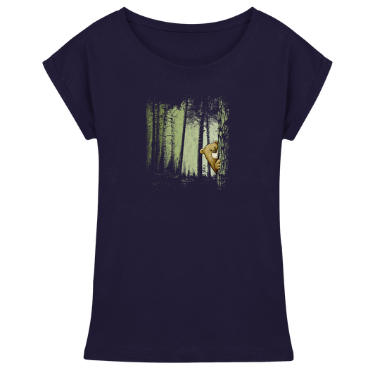 Comic Bär versteckt im Zwielicht Wald - Womens Extended Shoulder T-Shirt