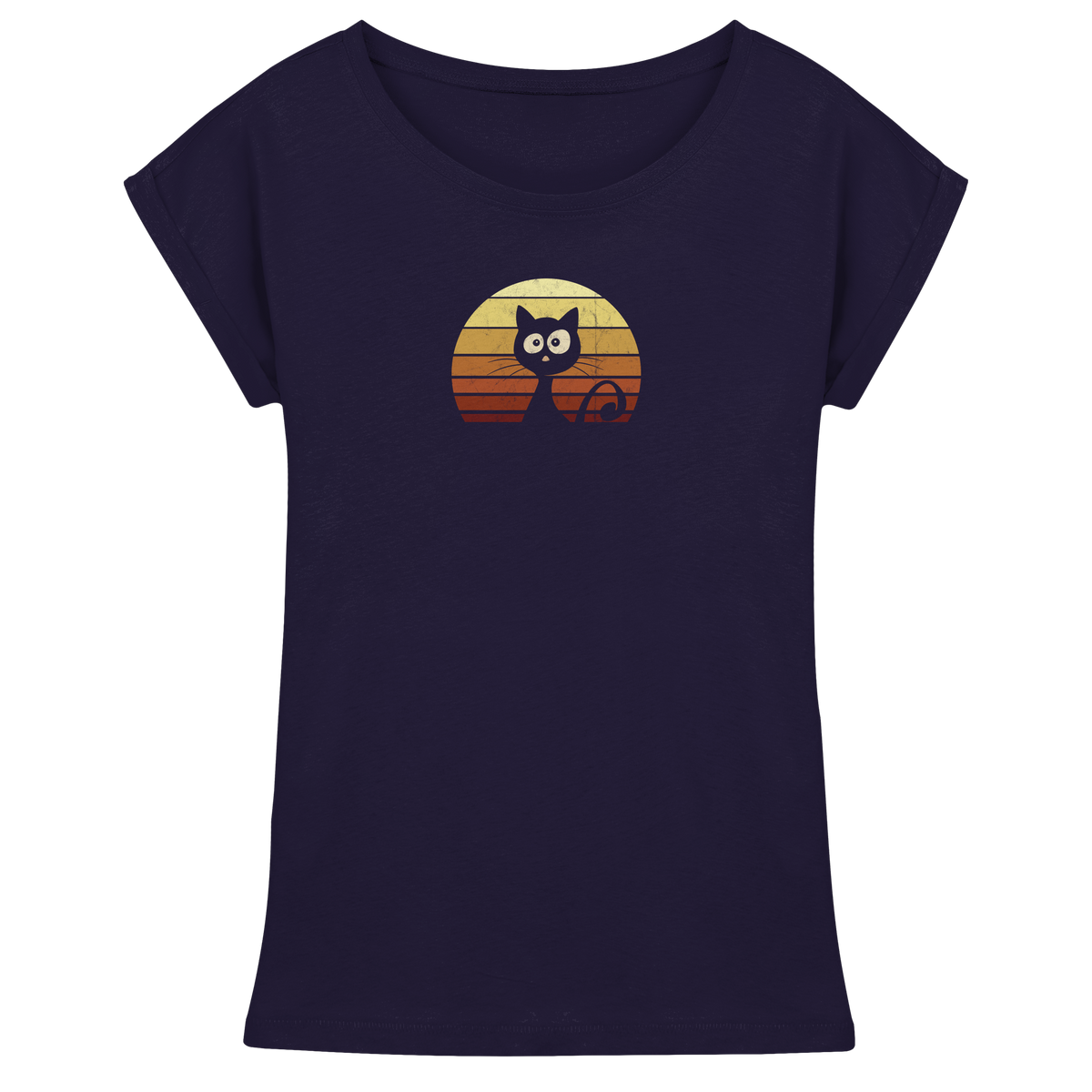 Katze vor Retro Sonnenuntergang - Womens Extended Shoulder T-Shirt