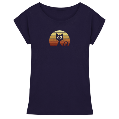 Katze vor Retro Sonnenuntergang - Womens Extended Shoulder T-Shirt