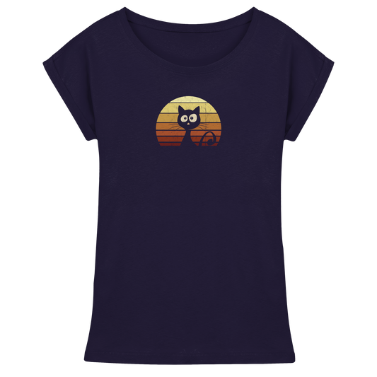Katze vor Retro Sonnenuntergang - Womens Extended Shoulder T-Shirt