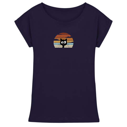 Retro schwarze Katze vor Sonnenuntergang - Womens Extended Shoulder T-Shirt