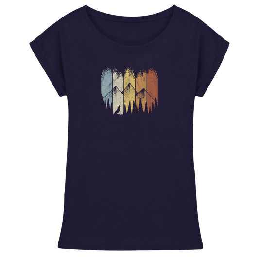 Retro Wald, Berge und Wolf  - Womens Extended Shoulder T-Shirt