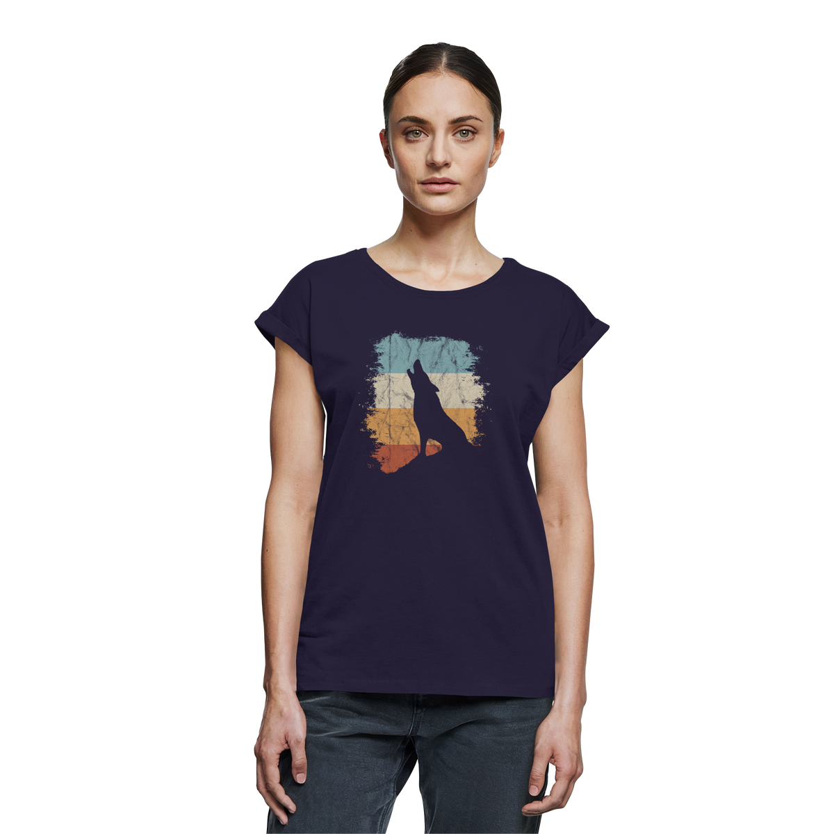 Retro Style lässig heulender Wolf  - Womens Extended Shoulder T-Shirt