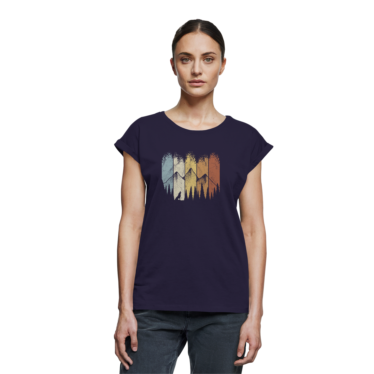 Retro Wald, Berge und Wolf  - Womens Extended Shoulder T-Shirt