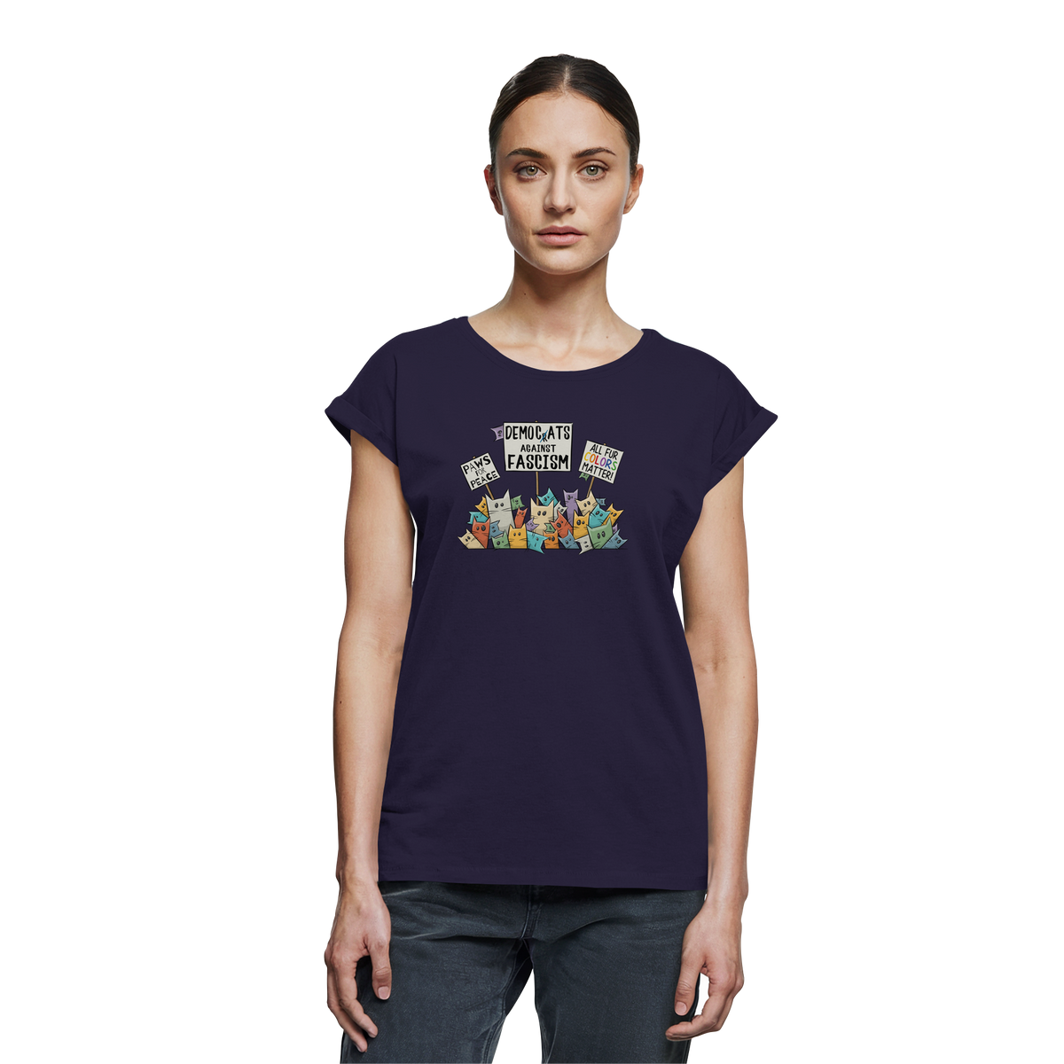 Demo-Katzen gegen Faschismus und für Vielfalt - Womens Extended Shoulder T-Shirt