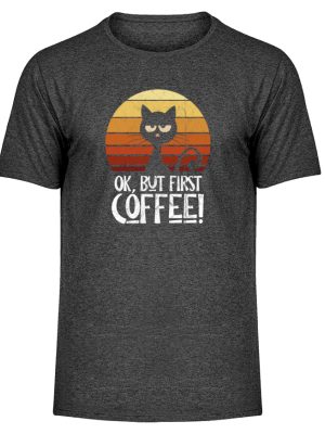 Ok But First Coffee | Launische Retro Katze - Herren Melange Shirt-6808