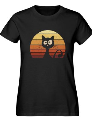 Schwarze Katze vor Retro Sonnenuntergang - Damen Premium Organic Shirt-16