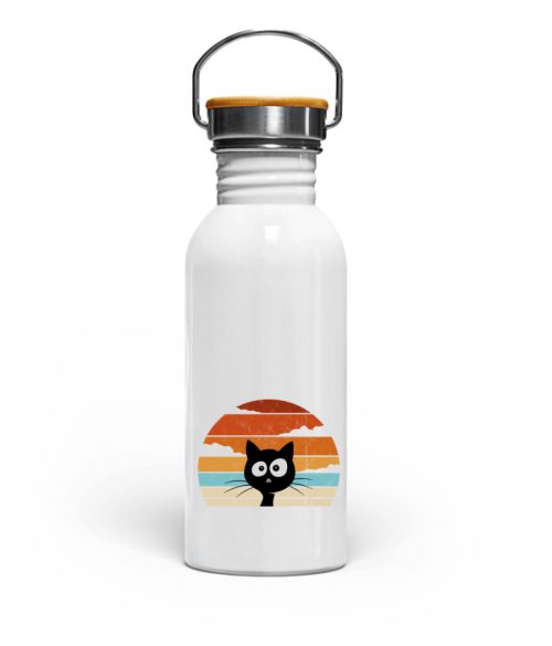 Retro schwarze Katze vor Sonnenuntergang - Edelstahl Trinkflasche-3