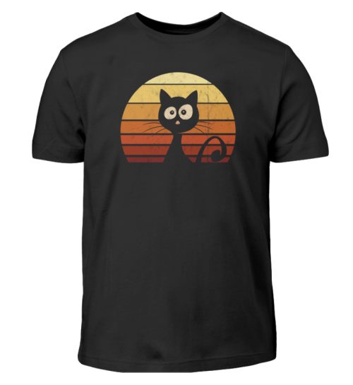 Schwarze Katze vor Retro Sonnenuntergang - Kinder T-Shirt-16