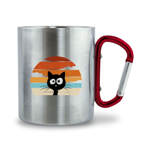 Retro schwarze Katze vor Sonnenuntergang - Edelstahltasse mit Karabinergriff-6989